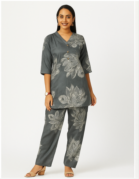 Midnight Grey Lotus Printed Cotton Coord Set
