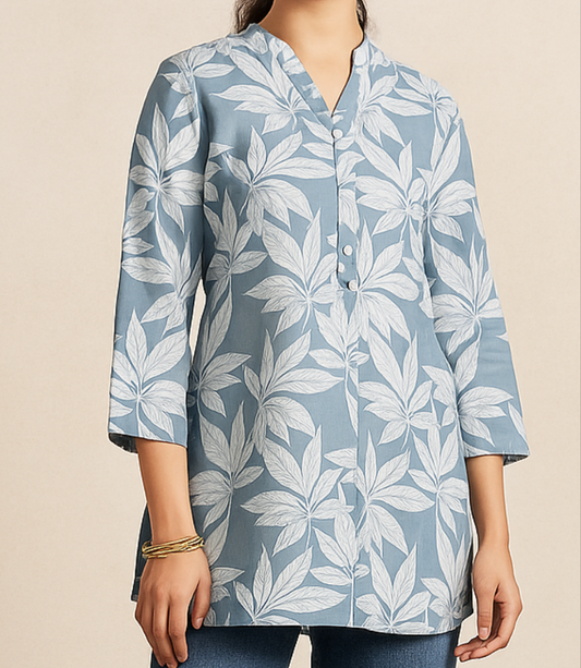 Pastel Leaf-Print short Kurti – Blue Mist