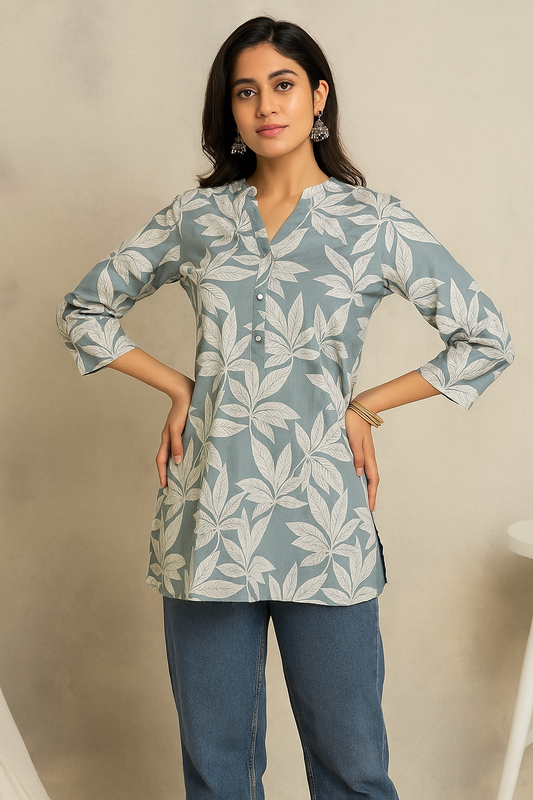 Pastel Leaf-Print short Kurti – Blue Mist
