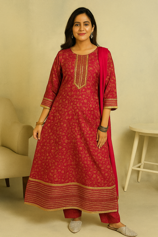 Gulnaar Pink Gold-Print Anarkali Set