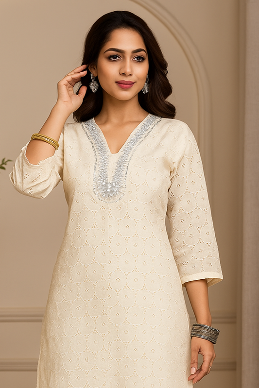 Elegant Ivory Cotton Coord Set with Thread Detailing and Mirror Work