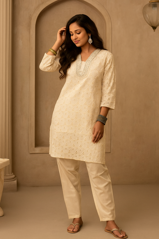 Elegant Ivory Cotton Coord Set with Thread Detailing and Mirror Work